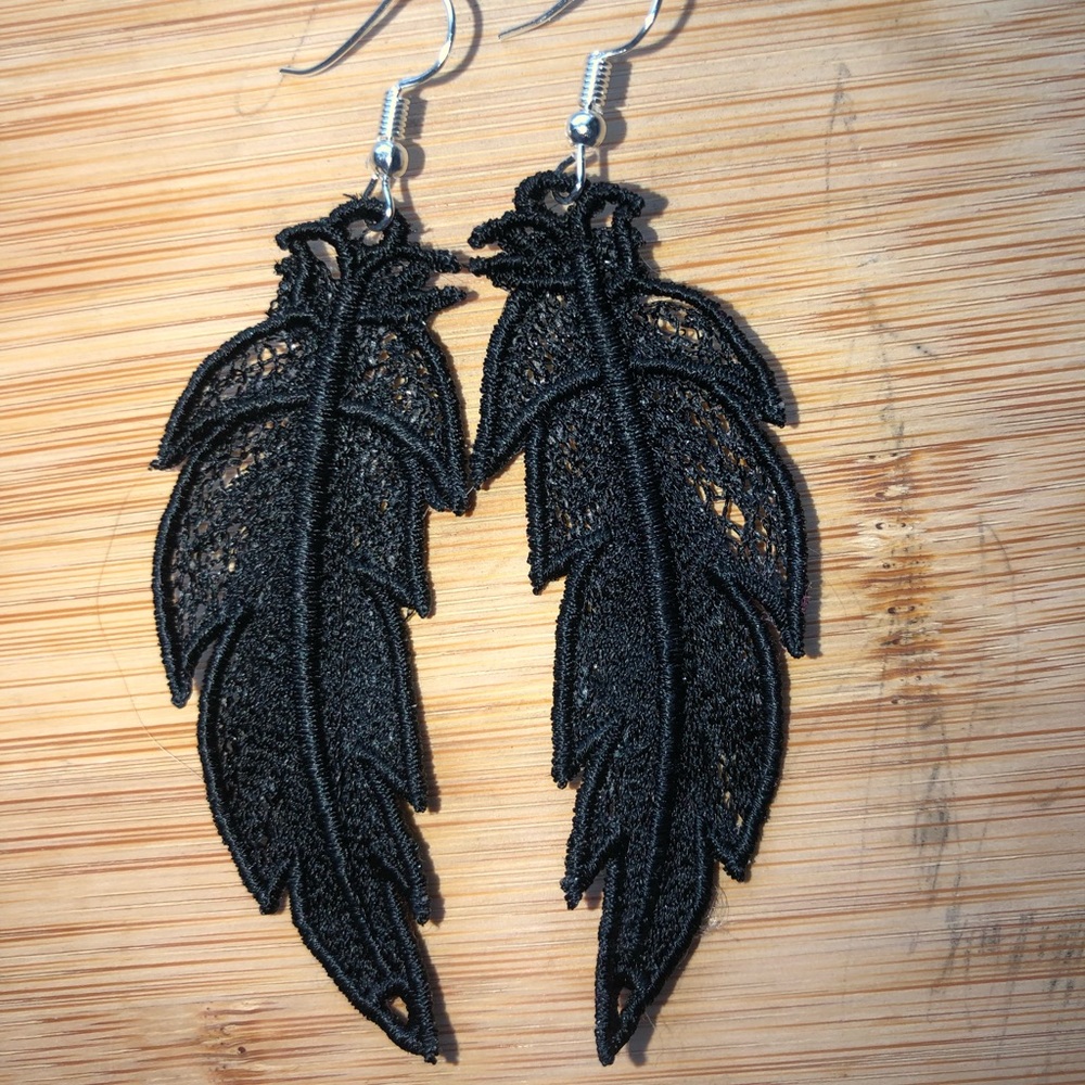 Embroidered Lace Feather Earrings